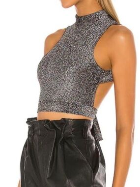 superdown Silver & Black Metallic Mock Neck Tie-Back Crop Top
